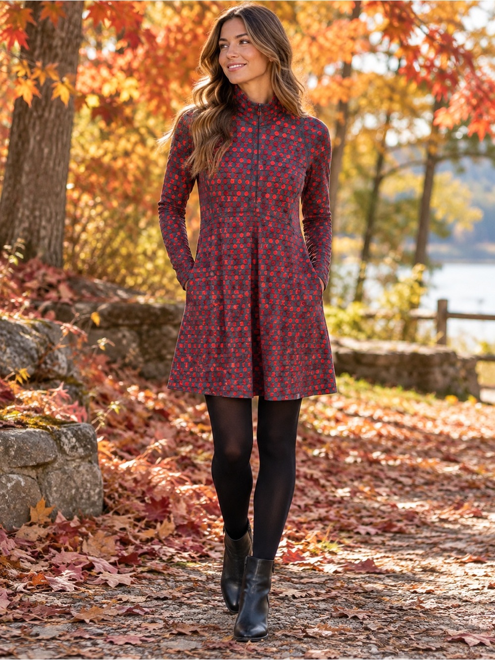 Title Nine Dream Dress Red Gray Geometric Print Quarter Zip Long Sleeve M